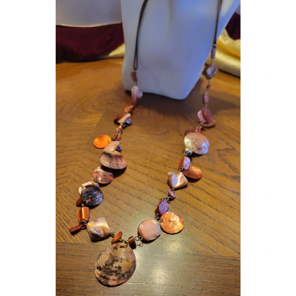 Boho‎ Capiz Shell Necklace Earrings Set Copper Peach Pink Disc Beaded 18
